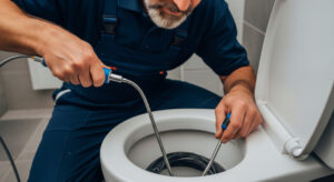 Plombier en train de déboucher les toilettes grâce au chorus hydrodynamique